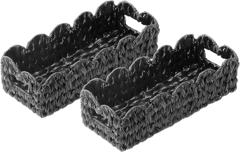 Coeusy Balck Toilet Basket,Set of 2 Scalloped Wicker Basket with Built-in Handles,Long Back of Toilet Baskets for Shelf,Tank Topper,Countertop,Rectangle - Image 1